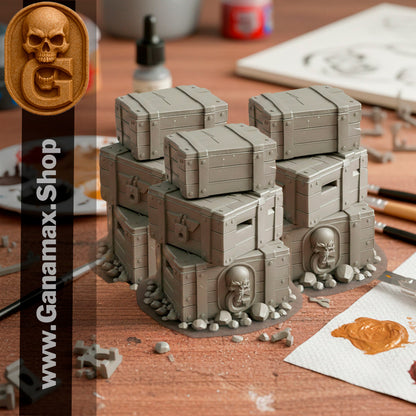 Pile de caisses gothiques – Décor en résine premium pour wargames et jeux de rôle (précommande)