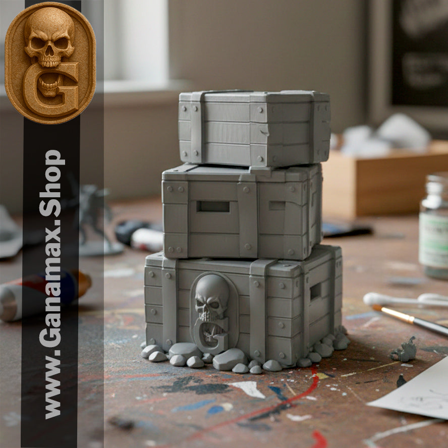 Pile de caisses gothiques – Décor en résine premium pour wargames et jeux de rôle (précommande)