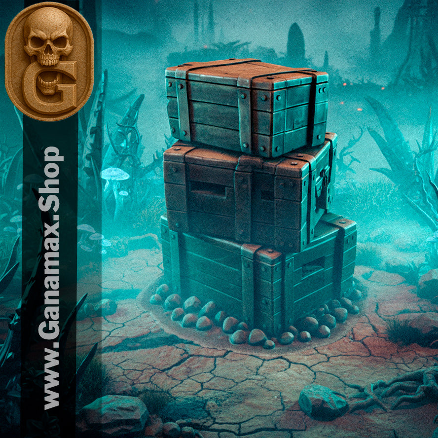 Pile de caisses gothiques – Décor en résine premium pour wargames et jeux de rôle (précommande)