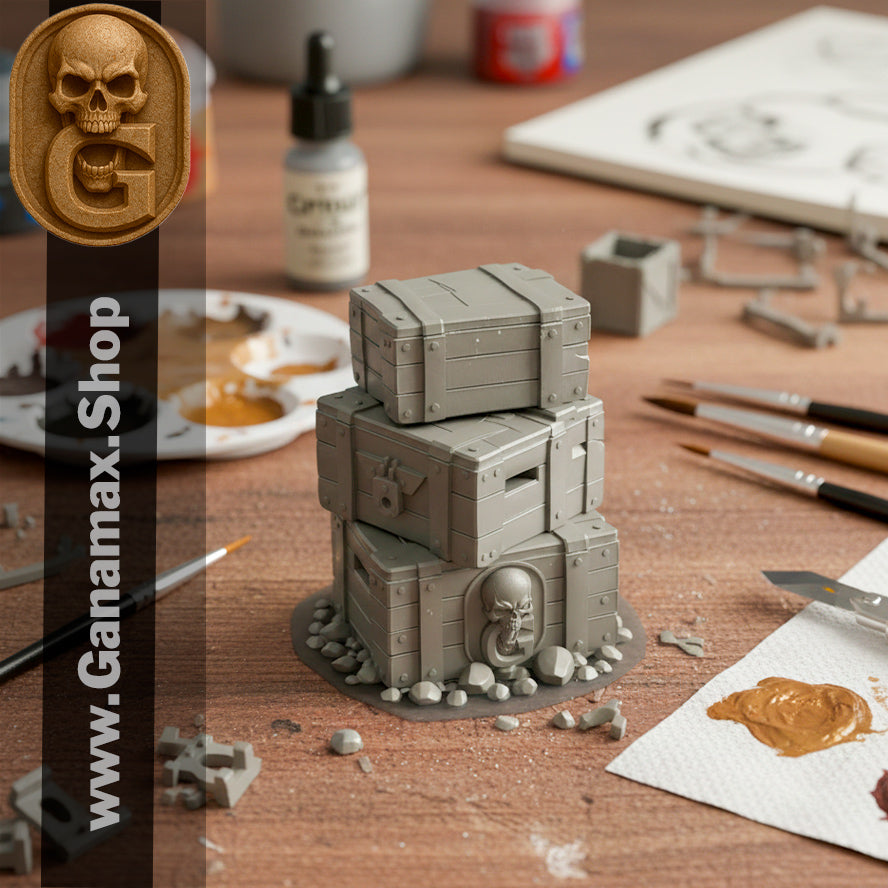 Pile de caisses gothiques – Décor en résine premium pour wargames et jeux de rôle (précommande)