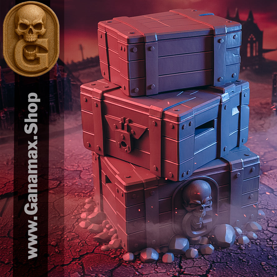 Pile de caisses gothiques – Décor en résine premium pour wargames et jeux de rôle (précommande)