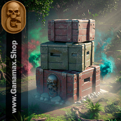 Pile de caisses gothiques – Décor en résine premium pour wargames et jeux de rôle (précommande)