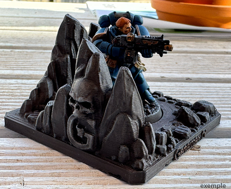 Mini diorama rocheux pour figurine – Socle décoratif imprimé en 3D – Présentoir figurine – Décor wargame & JDR