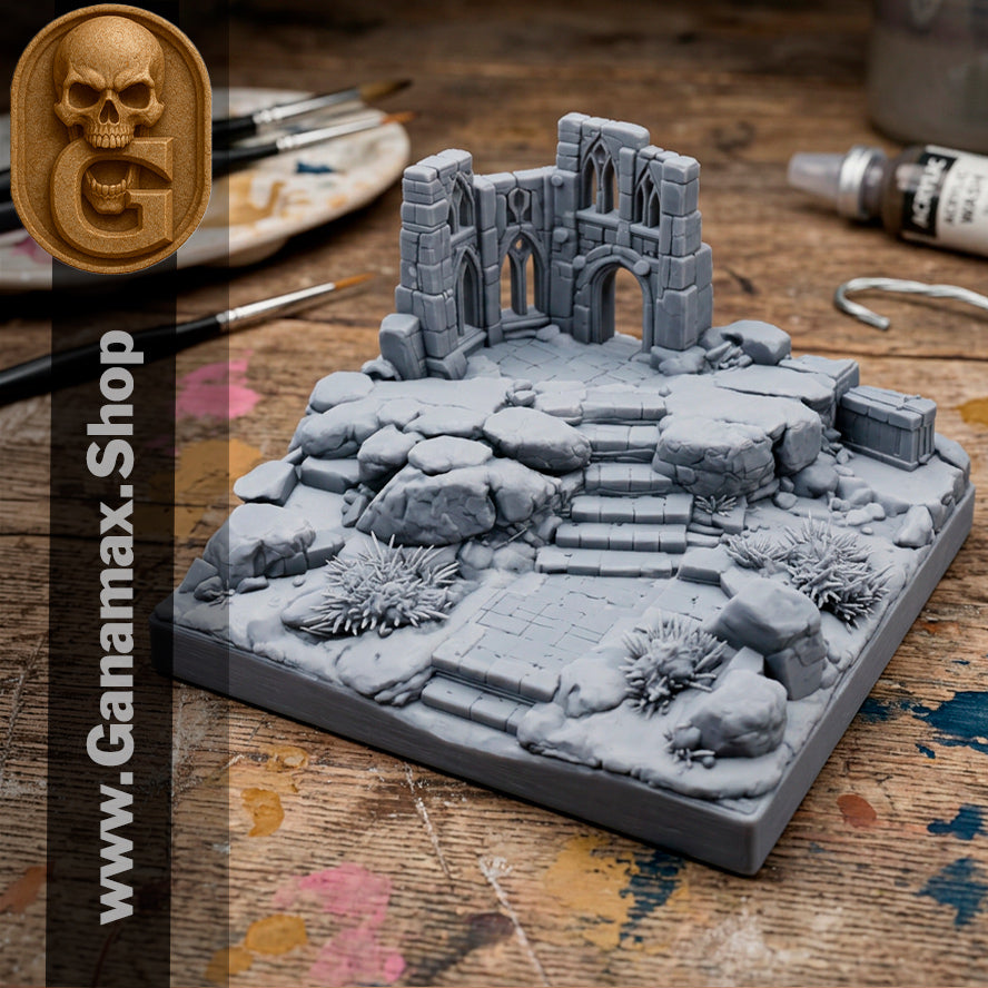 Ruines de Temple Enneigé – Décor miniature imprimé en résine pour table de jeu